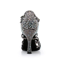 Women's Black Customized Heel Strappy Dance Shoes With Crystals
