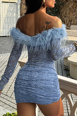 Feather Trim Off Shoulder Lace Long Sleeve Ruched Bodycon Mini Dresses-Blue