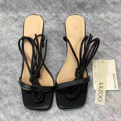 Square-toe lace-up high-heeled shoes