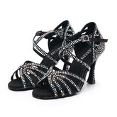 Women's Black Strappy Satin Rhinestones Customized Heel Dance Shoes