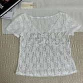 Slim-Fit V-Neck Lace Short-Sleeved Top