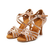 Women's Bronze Customized Heel Satin Rhinestones Strappy Dance Shoes