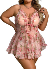 Plus Size Printed See-Through Camisole �Sexy Mesh Nightwear