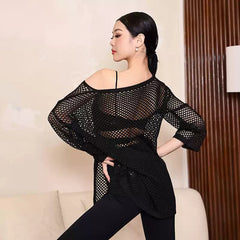 Women's Black Mesh Long Sleeve Latin Dance Dress Dance Wear Training Performance Dress