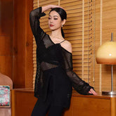 Women's Black Mesh Long Sleeve Latin Dance Dress Dance Wear Training Performance Dress