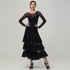 Customisable-Women's Round Neck Long Sleeve WaltModern Ballroom Dance Dress Competition Dresses