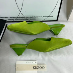 Square-Toe Closed-Toe Satin Triangle-Heeled Slippers