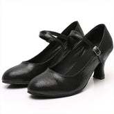 YW Women's Black Real Leather Customized Heels Ballroom Dance Shoes Modern Dance Shoes