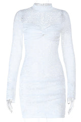 Mock Neck Long Sleeve Twisted Ruched Floral Lace Fitted Mini Dresses-White
