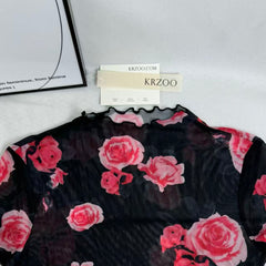 Mesh T-Shirt with Floral Print and Short Sleeves