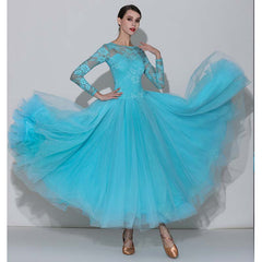 Women's Skyblue Round Neck Lace Modern Ballroom Dance Dress Swing Dress Training Performance Dress