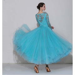 Women's Skyblue Round Neck Lace Modern Ballroom Dance Dress Swing Dress Training Performance Dress