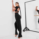 Women's Black High Waisted Wide Two Ways To Wear Latin Dance Wear Training Performance Pants