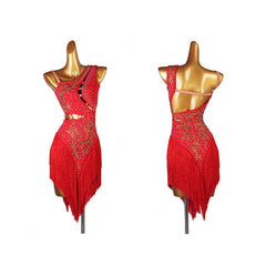 Customisable-Women's Performance Sleeveless Red Tassels Latin Salsa Dance Dress Competition Dress