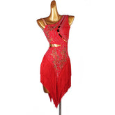 Customisable-Women's Performance Sleeveless Red Tassels Latin Salsa Dance Dress Competition Dress