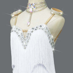 Customisable-Women's White Tassel Latin Dance Dress Professional Dance Stage Performance Wear