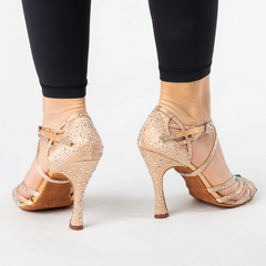 Women's Satin Customized Heel Open Toe Strappy Dance Shoes with Crystals