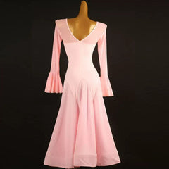 Customisable-Women's Pink V-neck Long Sleeve DanceWear Ballroom Dance Dress
