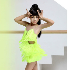 Girls Polyester Spaghetti Strap Tassel Latin Dance Dress Dance Wear