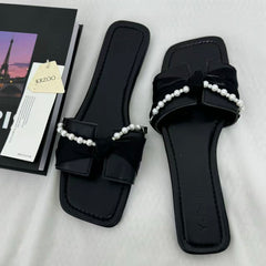 Black Bow-Detail Flat Slides