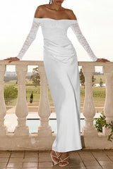 Off Shoulder Lace Patchwork Long Sleeve Ruched Slim Fit Maxi Dresses-White