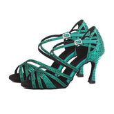 Women's Green Customized Heel Open Toe Strappy Dance Shoes with Crystals