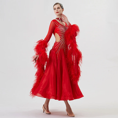 YUN Customisable-Women's Long Sleeve Mesh Round Neck DiamonDress For Ballroom Dancing Smooth Dress