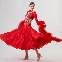 YUN Customisable-Women's Long Sleeve Mesh Round Neck DiamonDress For Ballroom Dancing Smooth Dress