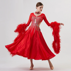 YUN Customisable-Women's Long Sleeve Mesh Round Neck DiamonDress For Ballroom Dancing Smooth Dress