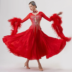 YUN Customisable-Women's Long Sleeve Mesh Round Neck DiamonDress For Ballroom Dancing Smooth Dress