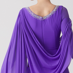 YUN Customisable-Women's Long Sleeve Mesh Round Neck DiamonWaltModern Ballroom Dance Dress Competition Dresses