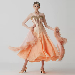 YUN Customisable-Women's Long Sleeve V Neck DiamonWaltModern Ballroom Dance Dress Competition Dresses