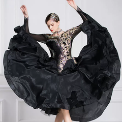 YUN Customisable-Women's Long Sleeve Off Shoulder Backless DiamonDress For Ballroom Dancing Smooth Dress