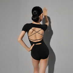 Girls Silk Milk Short Sleeve Backless Latin Dance Bodysuit Dance Wear