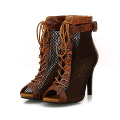 Women's Brown 9.5cm Heel Peep Toe Hollow-out Heels Dance Boots JazSalsa Dancing Shoes