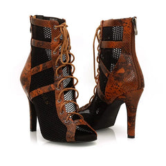 Women's Brown Customized Heel Peep Toe Hollow-out Heels Dance Boots JazSalsa Dancing Shoes