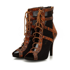 Women's Brown Customized Heel Peep Toe Hollow-out Heels Dance Boots JazSalsa Dancing Shoes