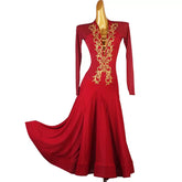 Customisable-Women's Red V-neck Long Sleeve DanceWear Ballroom Dance Dress