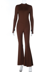 Solid Color Long Sleeve Slim Fit Flared Leg Jumpsuit-Brown