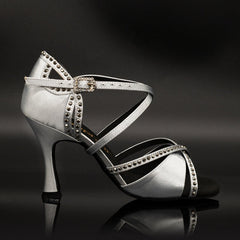 Women's Silver Customized Heel Open Toe Strappy Dance Shoes with Crystals