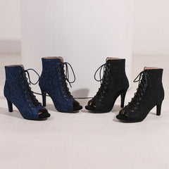Women's PU 9cm Silm Heel Sequin Lace-up Dance Boots JazDance Shoes