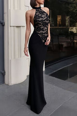 Lace Patchwork Halter Collar Backless Bodycon Party Maxi Dresses-Black