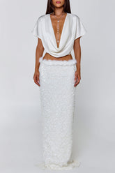 Cowl Neck Top Feather Sequin Maxi Skirt Party 2pcs Set-White Pre Order
