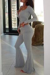 Long Sleeve Button Up Crop Top Ruched Slim Fit Flared Pants Set-LightGray