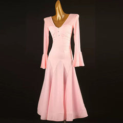 Customisable-Women's Pink V-neck Long Sleeve DanceWear Ballroom Dance Dress