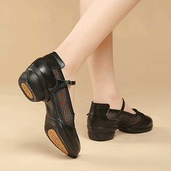Women's Leather Mesh Lace-up 4cm Heel Dance Sneakers Practice Dance Shoes JazDance