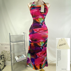 Hip-hung backless sheer neckline dress