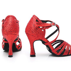 Women's Red Customized Heel Open Toe Strappy Dance Shoes with Crystals