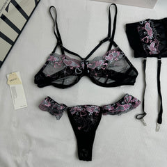 Three-Piece Embroidered Black mesh Set