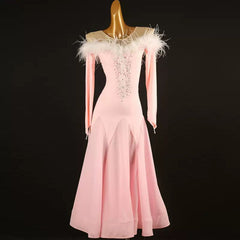 Customisable-Women's Pink Round Neck Long Sleeve DanceWear Ballroom Dance Dress